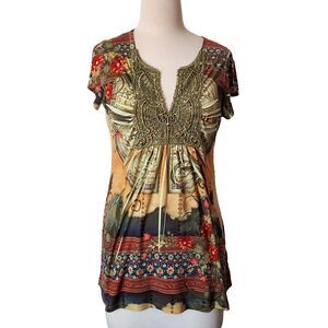 Unity World Wear Boho Shirt Top Size S Flutter Sleeves Embellished Sublimated